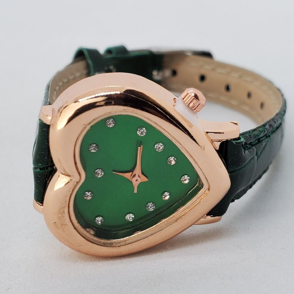 Girl's Women's Watch Heart Shape Green Dial 28MM Gold‎ Case Green Leather Bands